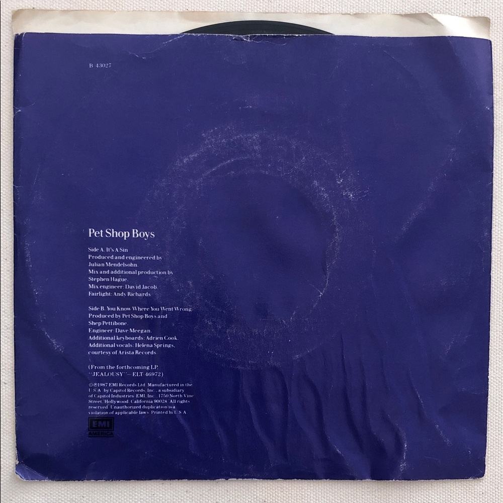 Pet Shop Boys It’s a Sin Vinyl 45 Record '87 - Picture 2 of 6